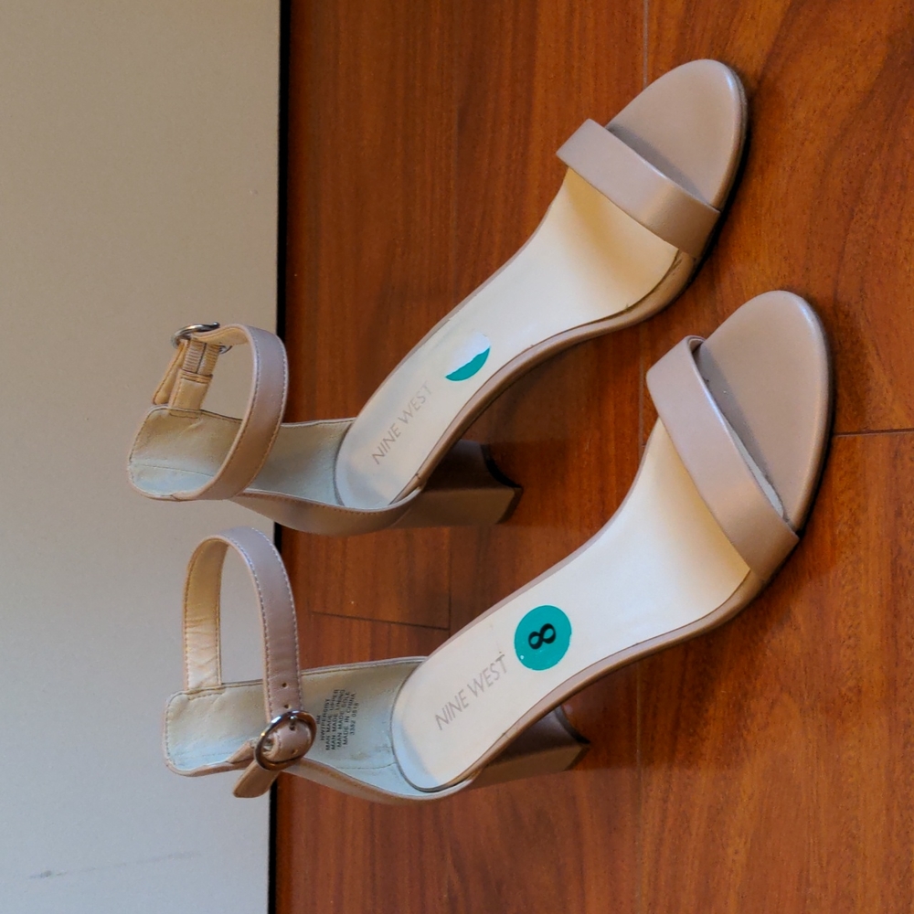Nine West Beige Ankle Strap Block Heel Sandals